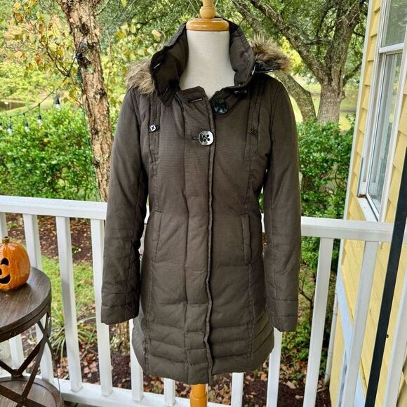Soia & Kyo Herringbone Down Parka with fur lined zip off hood. Size Petite Small - Picture 1 of 10